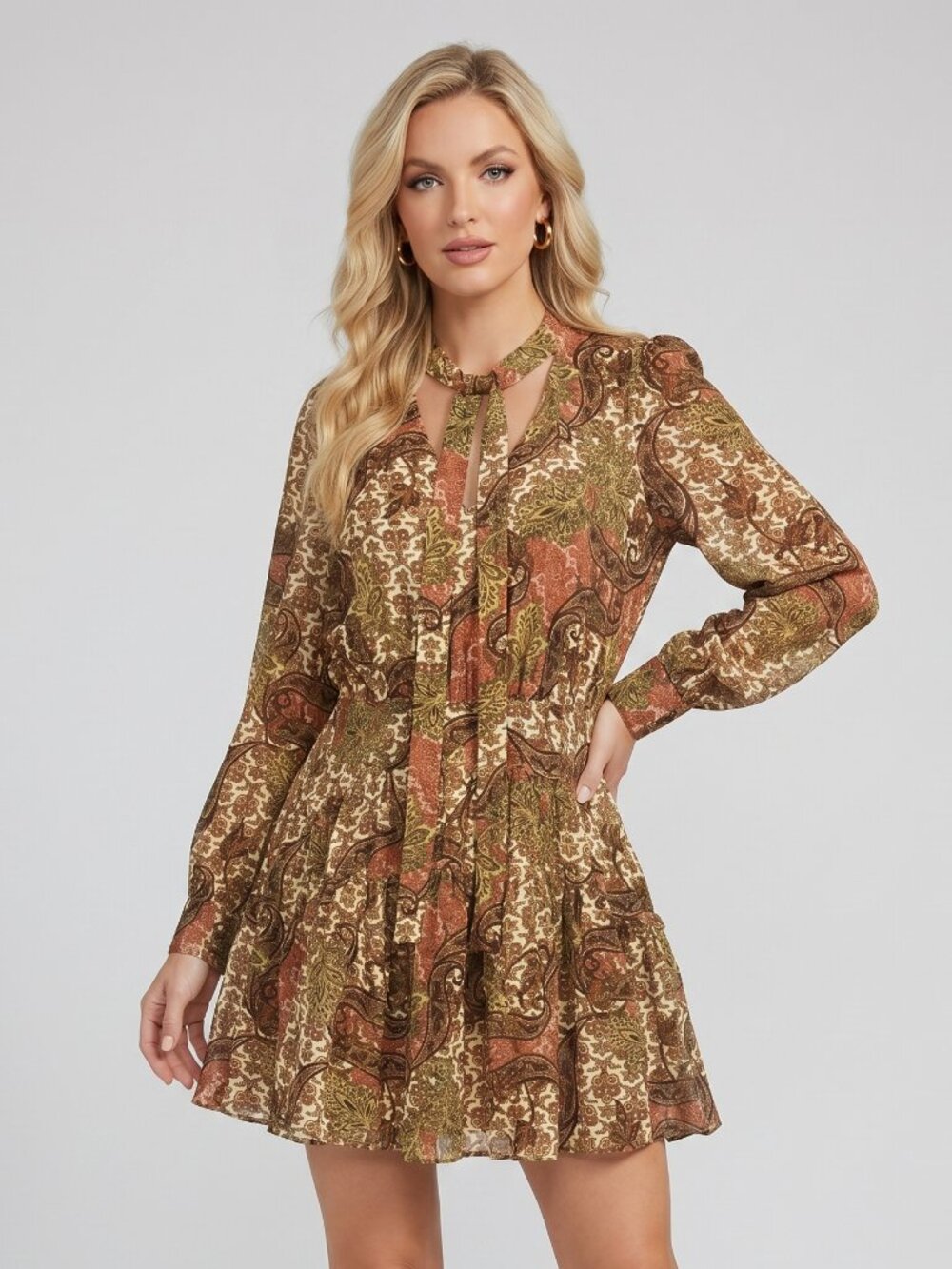Ulla Johnson Silk Paisley Mini Dress Brown Long Sleeve Collared Boho Luxury